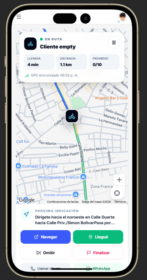 Pantalla del cobrador en ruta: mapa en vivo con llegada, distancia y progreso